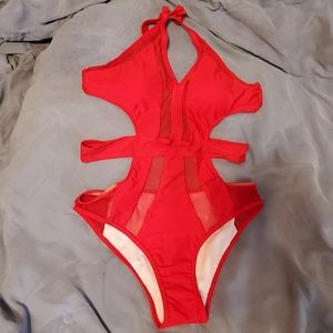 LG super sexy red mesh open side swimsuit NWOT